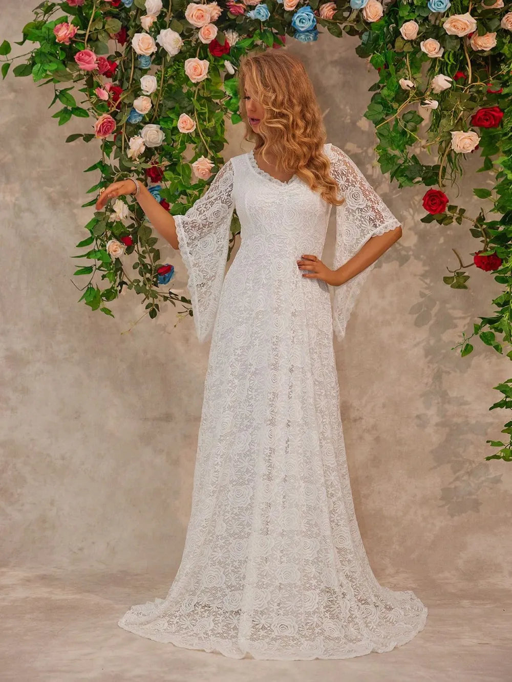 Bell Sleeve Lace Wedding Gown