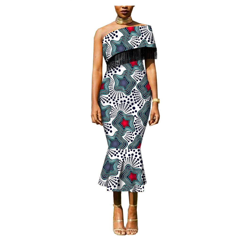 Ankara Double-Sided One Shoulder Tassel Dress
