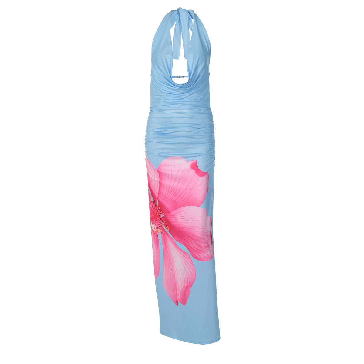 Tropical Plunge Neck Backless Floral Maxi Dress