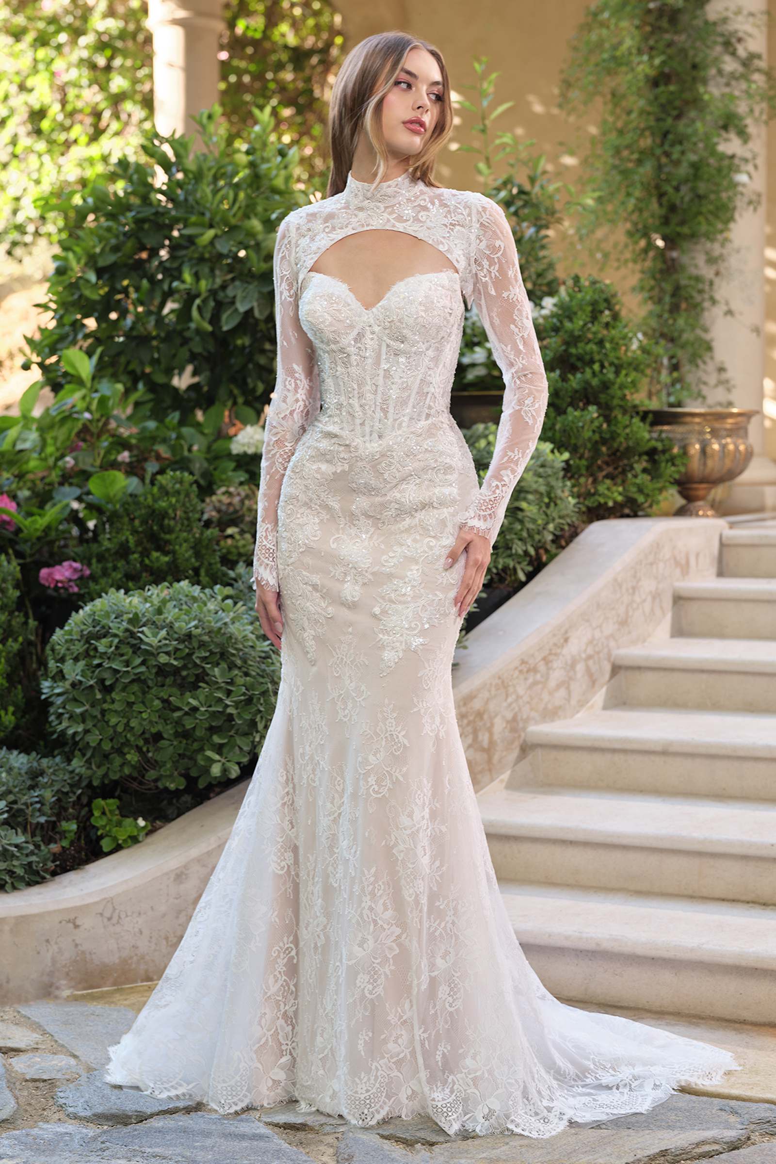 Andrea & Leo WL071 Fit and Flare Lace Overlay Wedding Dress with Boler