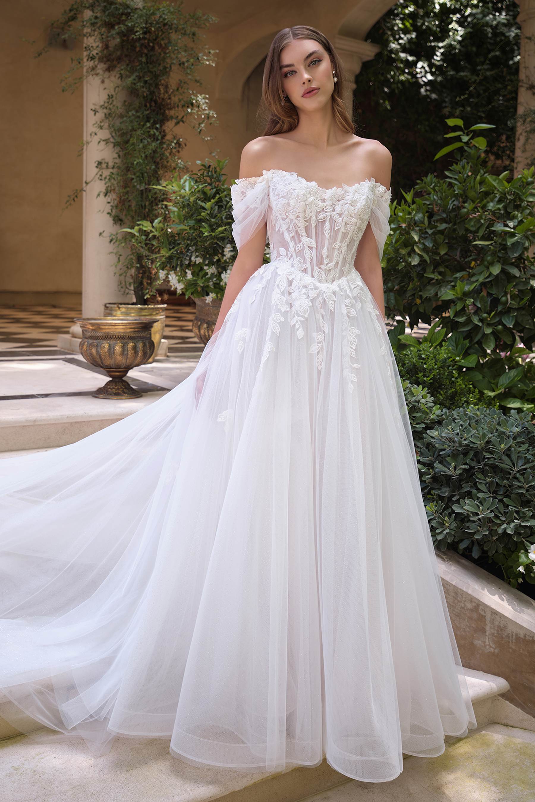 floral off the shoulder wedding dress Andrea & Leo WL089 Lace Applique A-Line Go with a plunging sweetheart Color:Dreamstate swatchstyle-sweetheartteadress Drawstring-detail A-line dress