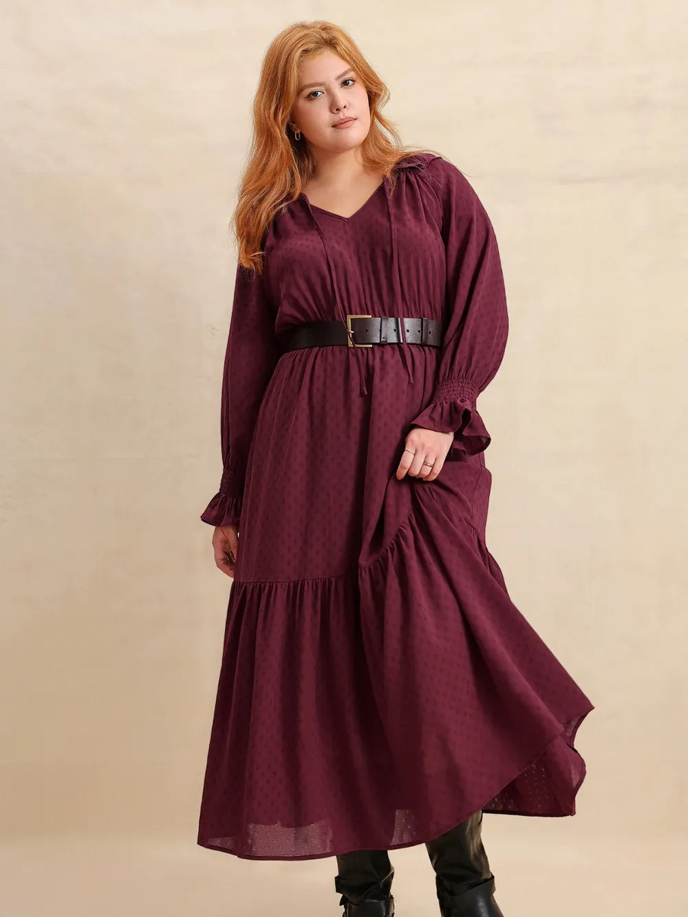plus size burgundy dress with sleeves Swiss Dot Tie Neck Flounce Sleeve Maxi Primavera 4627 Short Cocktail filter_Layer:Top Iron on low heat Finish:810 Swan