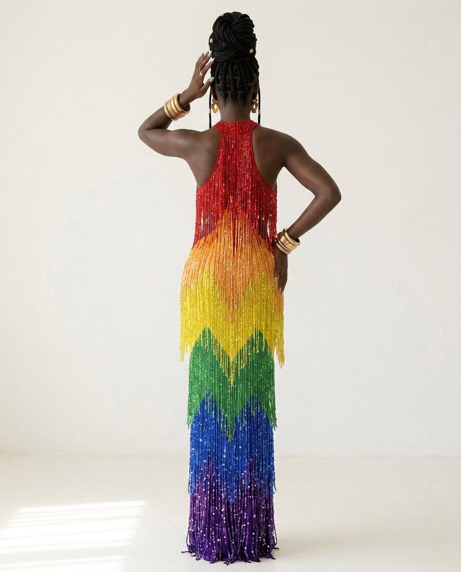 Pride Vibrant Rainbow Fringe Mesh Maxi Dress