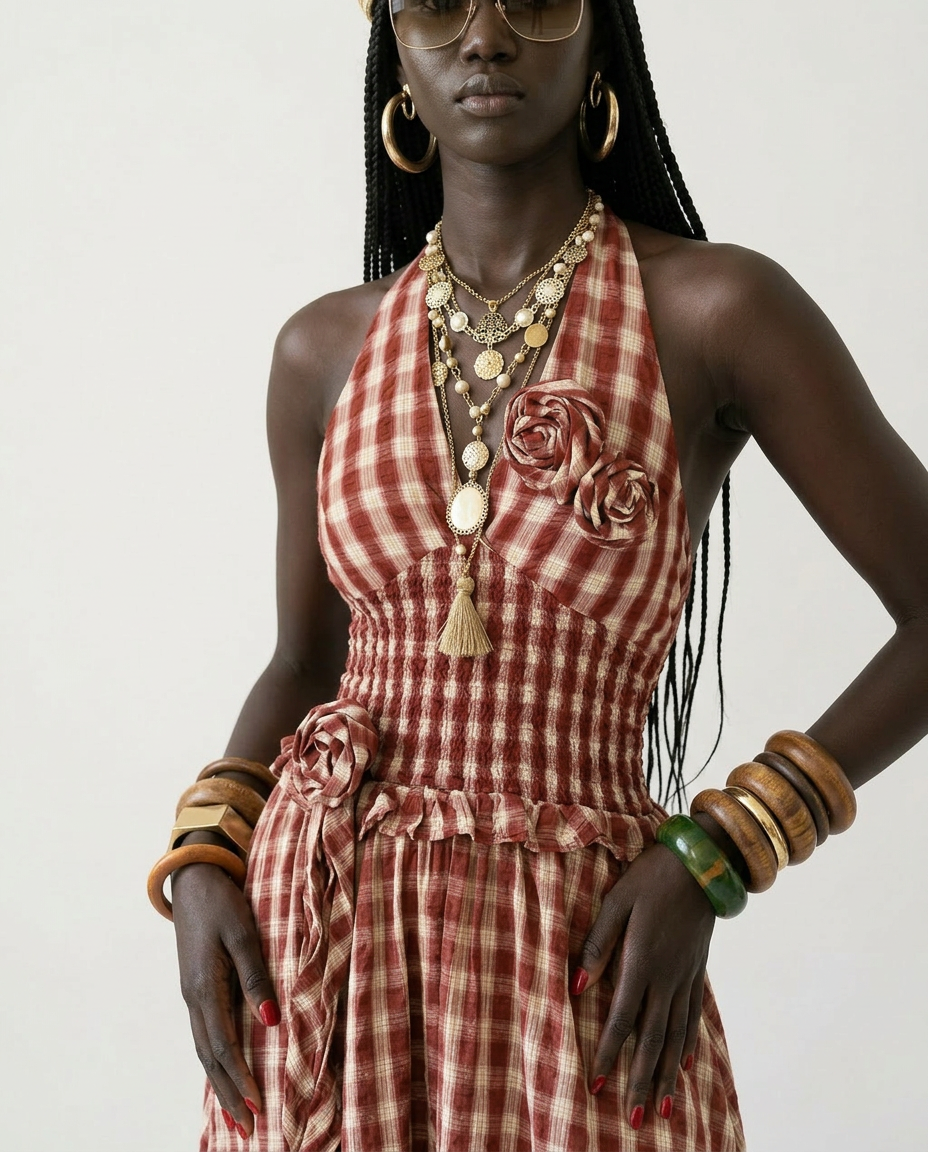 Sovereign Check Halter Maxi Dress