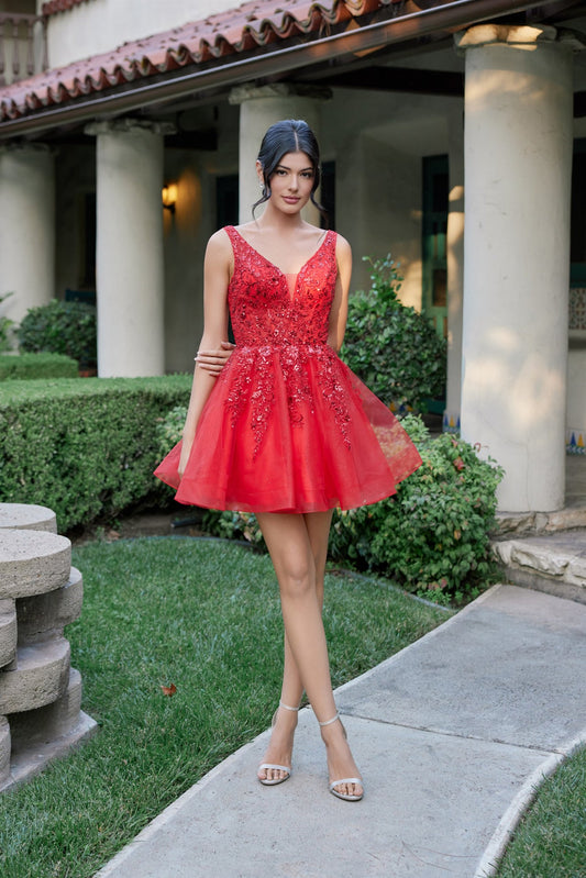 Short tulle homecoming dress with floral lace embroidery