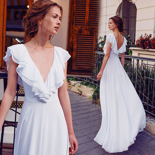 Deep V Neck Backless Wedding Dress