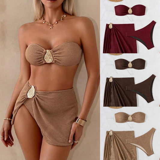 Maillot de bain fendu 3 pièces pour femme avec jupe pour les vacances à la plage et aux sources chaudes