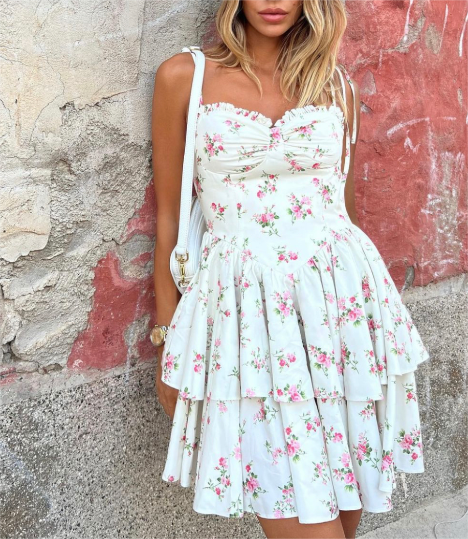 Robe d'été blanche à fleurs pour femmes, sexy, taille ajustée, flatteuse, robe bouffante