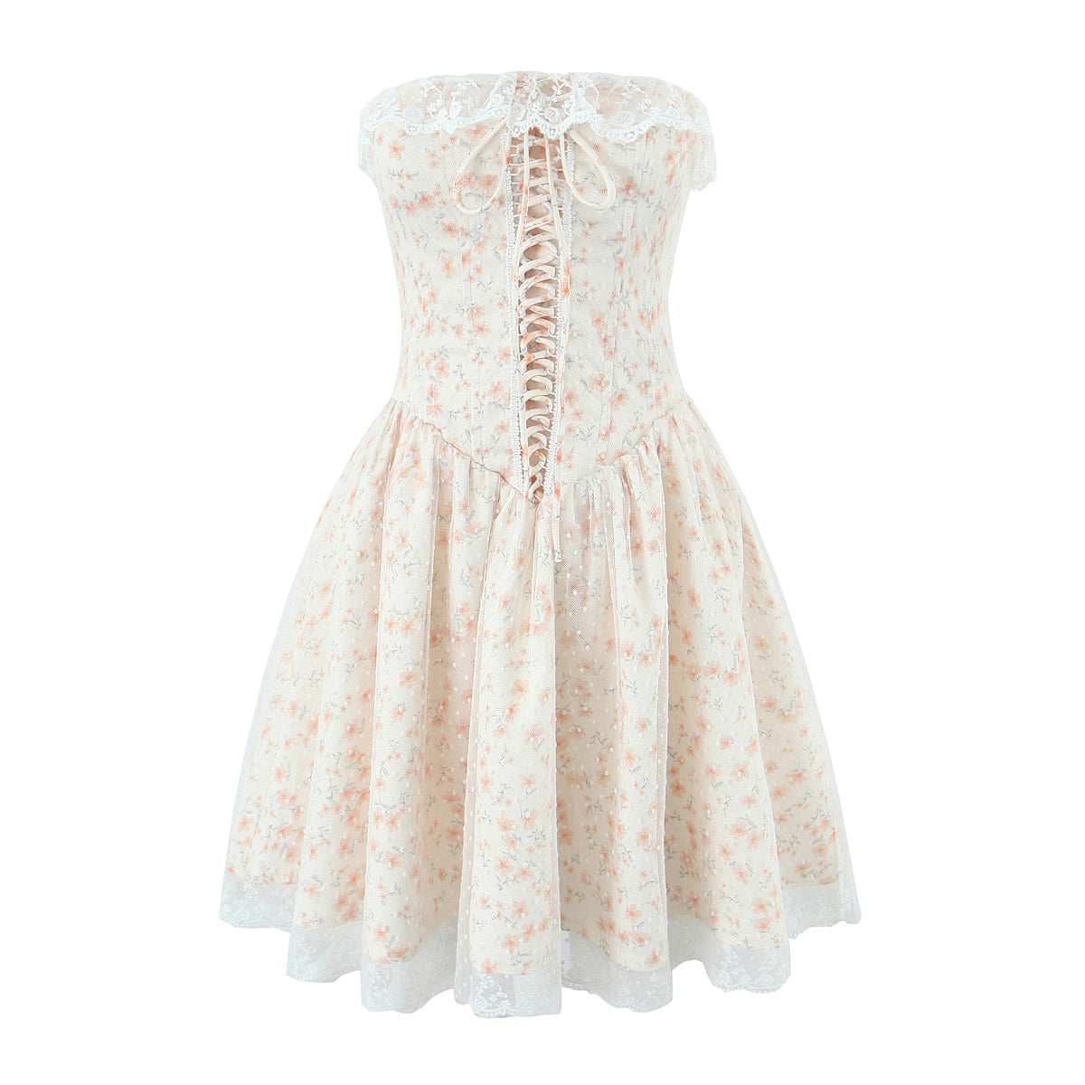Robe Bustier Slim Effet Bouffant, Couleur Photo Contrôlée, avec Laçage Floral à la Taille