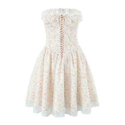 Robe Bustier Slim Effet Bouffant, Couleur Photo Contrôlée, avec Laçage Floral à la Taille