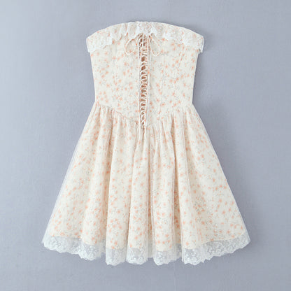 Robe Bustier Slim Effet Bouffant, Couleur Photo Contrôlée, avec Laçage Floral à la Taille