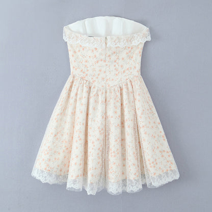 Robe Bustier Slim Effet Bouffant, Couleur Photo Contrôlée, avec Laçage Floral à la Taille