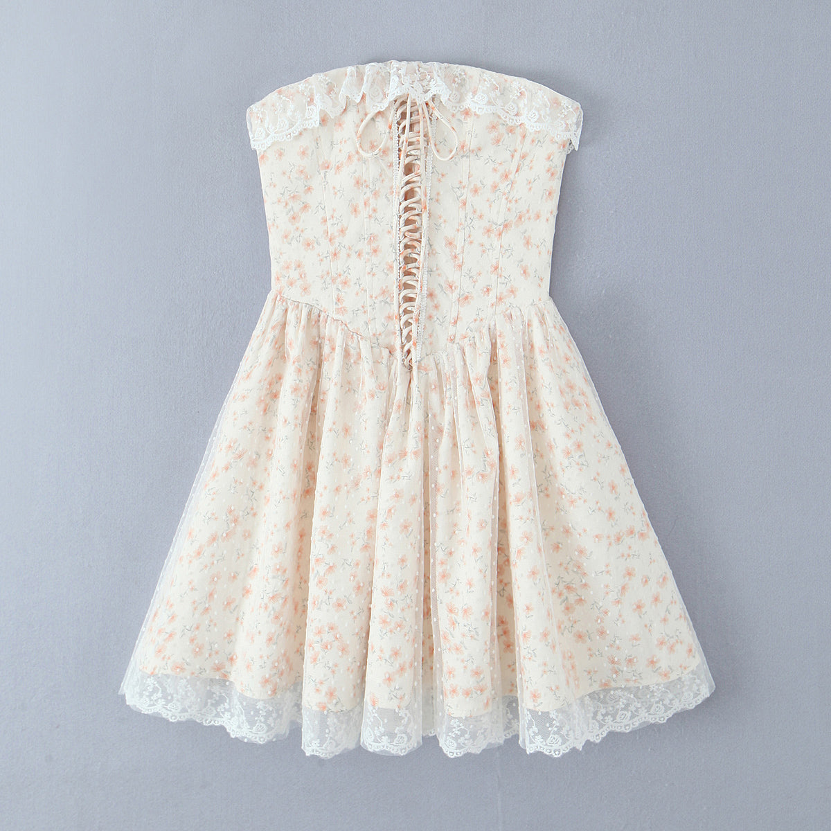 Robe Bustier Slim Effet Bouffant, Couleur Photo Contrôlée, avec Laçage Floral à la Taille