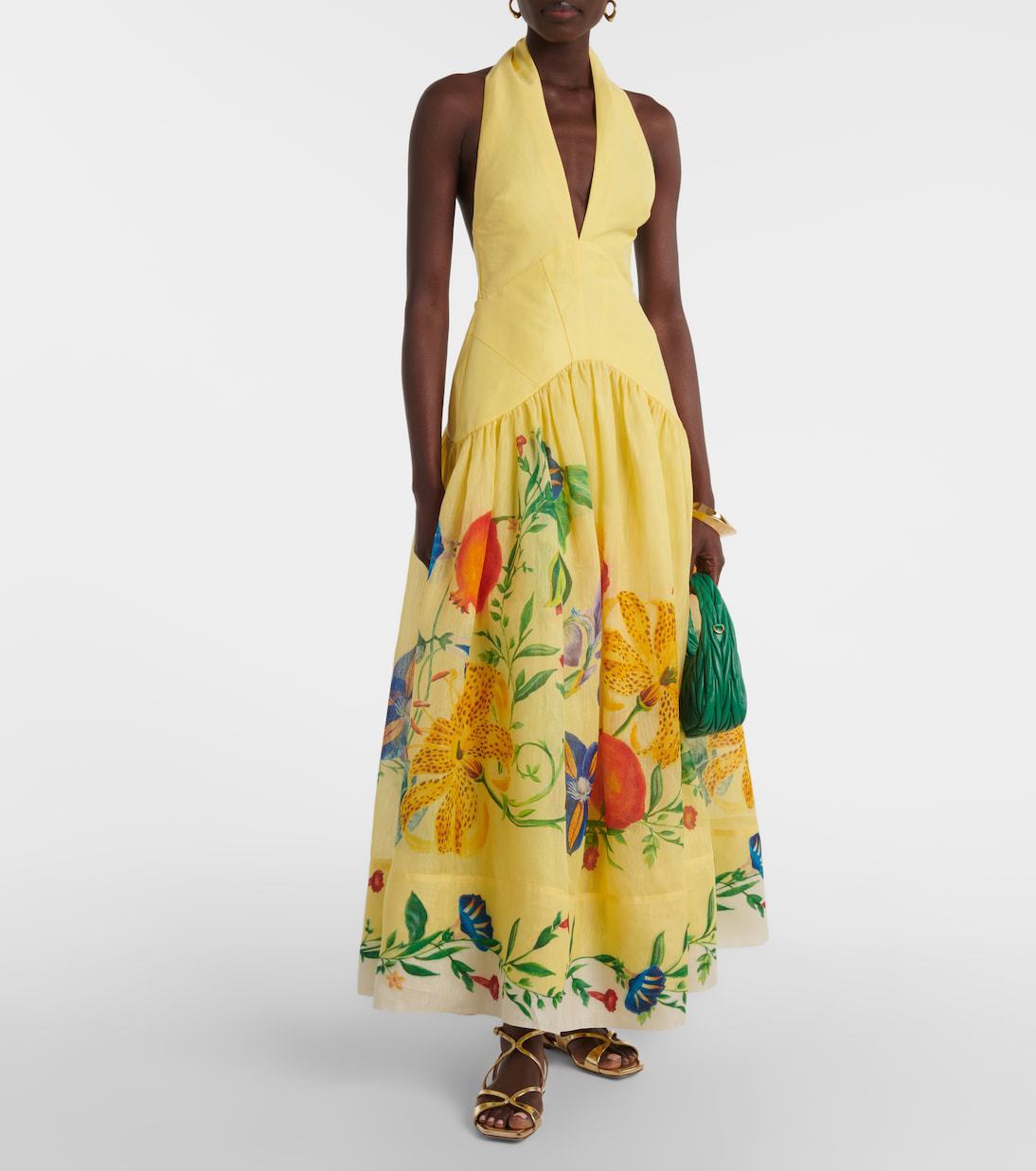 Robe d'été en lin à imprimé, dos nu, large balançoire et décolleté plongeant pour femme