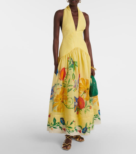 Robe d'été en lin à imprimé, dos nu, large balançoire et décolleté plongeant pour femme