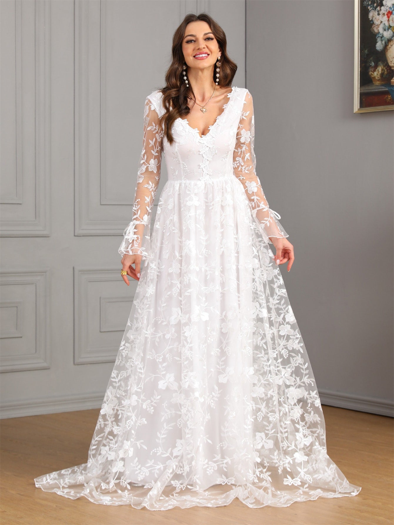 Long Sleeve Swing Wedding Gown