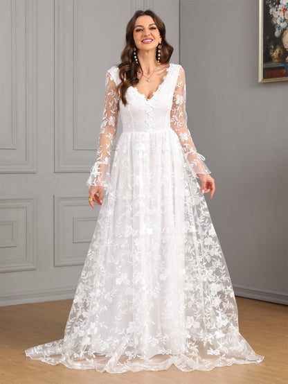 Long Sleeve Swing Wedding Gown