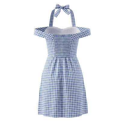 Women French Plaid Sweet Cute Bow Bandage Halterneck off Shoulder Tight Waist Slim Short Dress