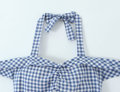 Women French Plaid Sweet Cute Bow Bandage Halterneck off Shoulder Tight Waist Slim Short Dress
