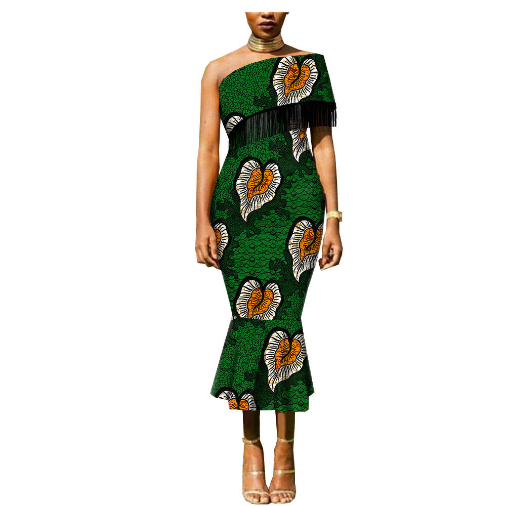 Ankara Double-Sided One Shoulder Tassel Dress