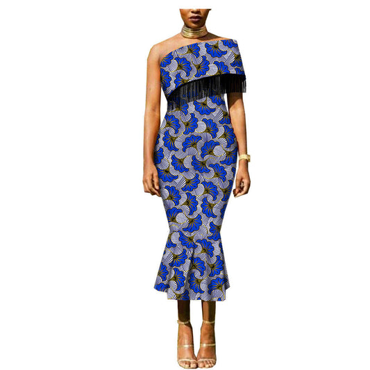Ankara Double-Sided One Shoulder Tassel Dress