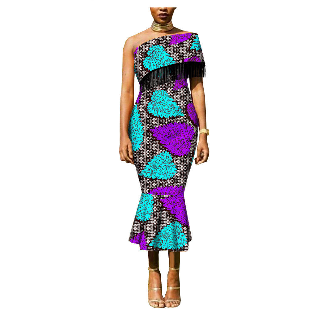 Ankara Double-Sided One Shoulder Tassel Dress