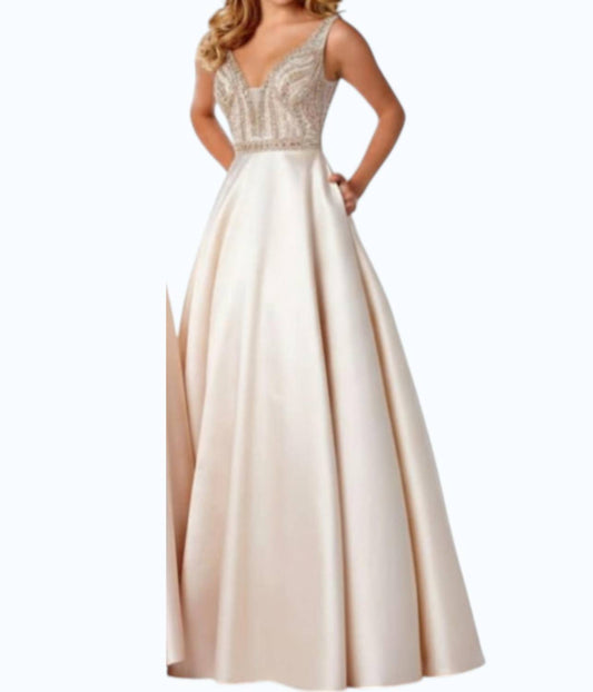 Beaded V-neck Satin A-line Evening Gown