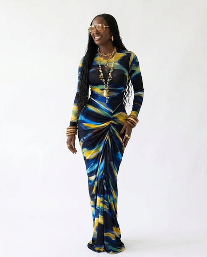 Vibrant Ruched Tie-Dye Maxi Dress