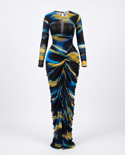 Vibrant Ruched Tie-Dye Maxi Dress
