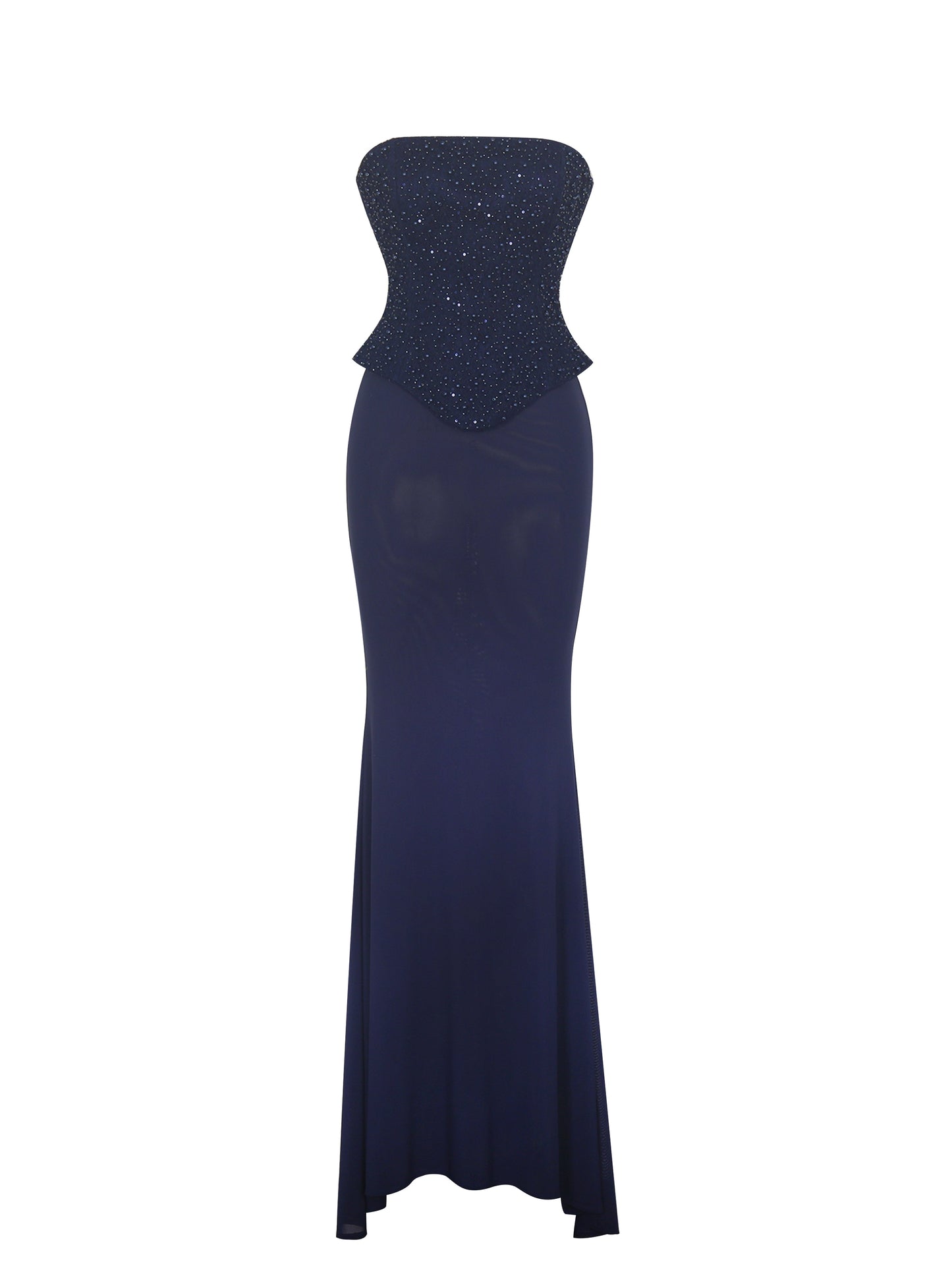 Orabelle Navy Beaded Peplum Mermaid Maxi Gown with Lace-up Back