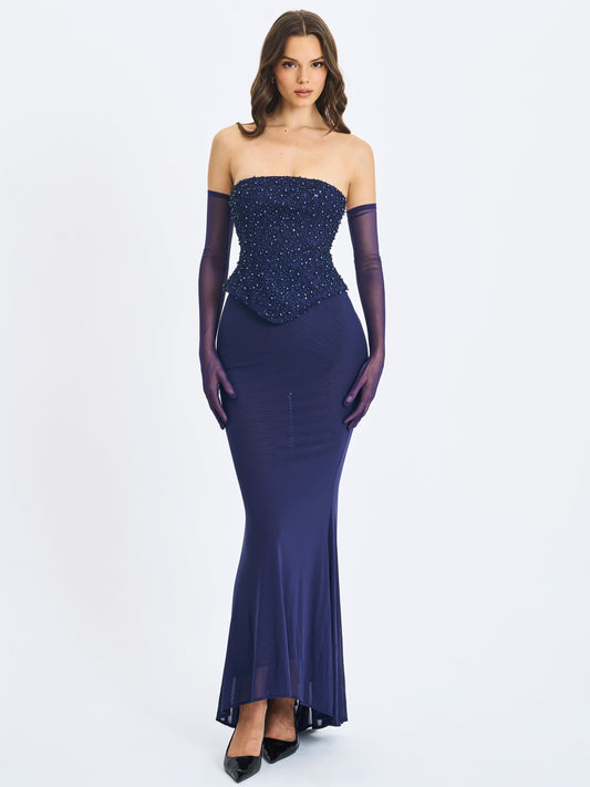 Orabelle Navy Beaded Peplum Mermaid Maxi Gown with Lace-up Back