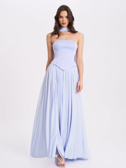 Qianna Baby Blue Peplum Top Drop Waist Chiffon Gown
