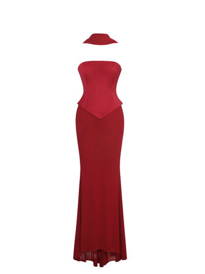 Giselle Crimson Peplum Mermaid Gown with Chiffon Scarf