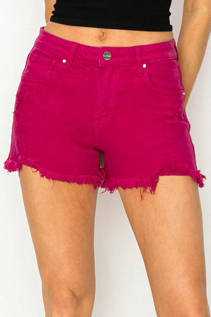 Rosie -Risen Mid Rise Fuchsia Frayed Hem Shorts