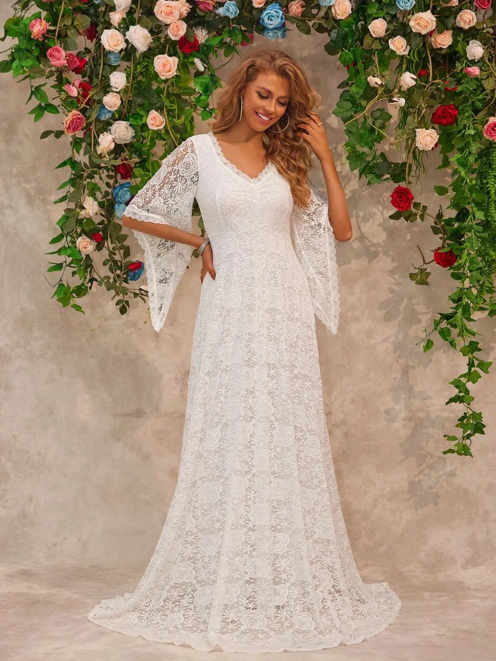 Bell Sleeve Lace Wedding Gown
