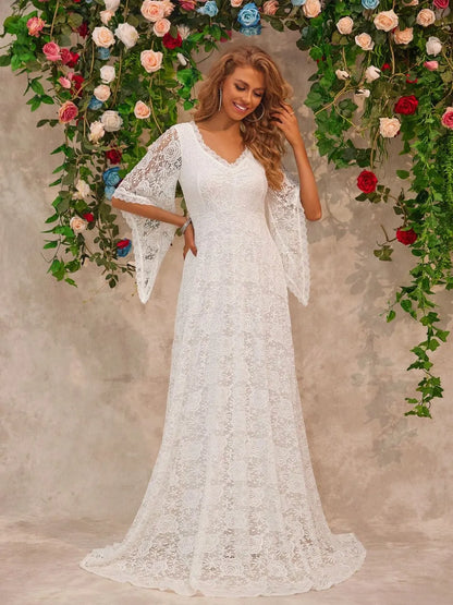Bell Sleeve Lace Wedding Gown