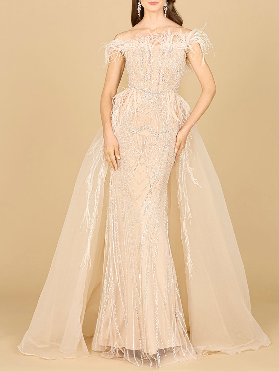 Off Shoulder Gown with Feathers