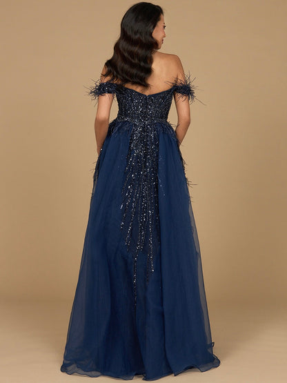Off Shoulder Gown with Feathers
