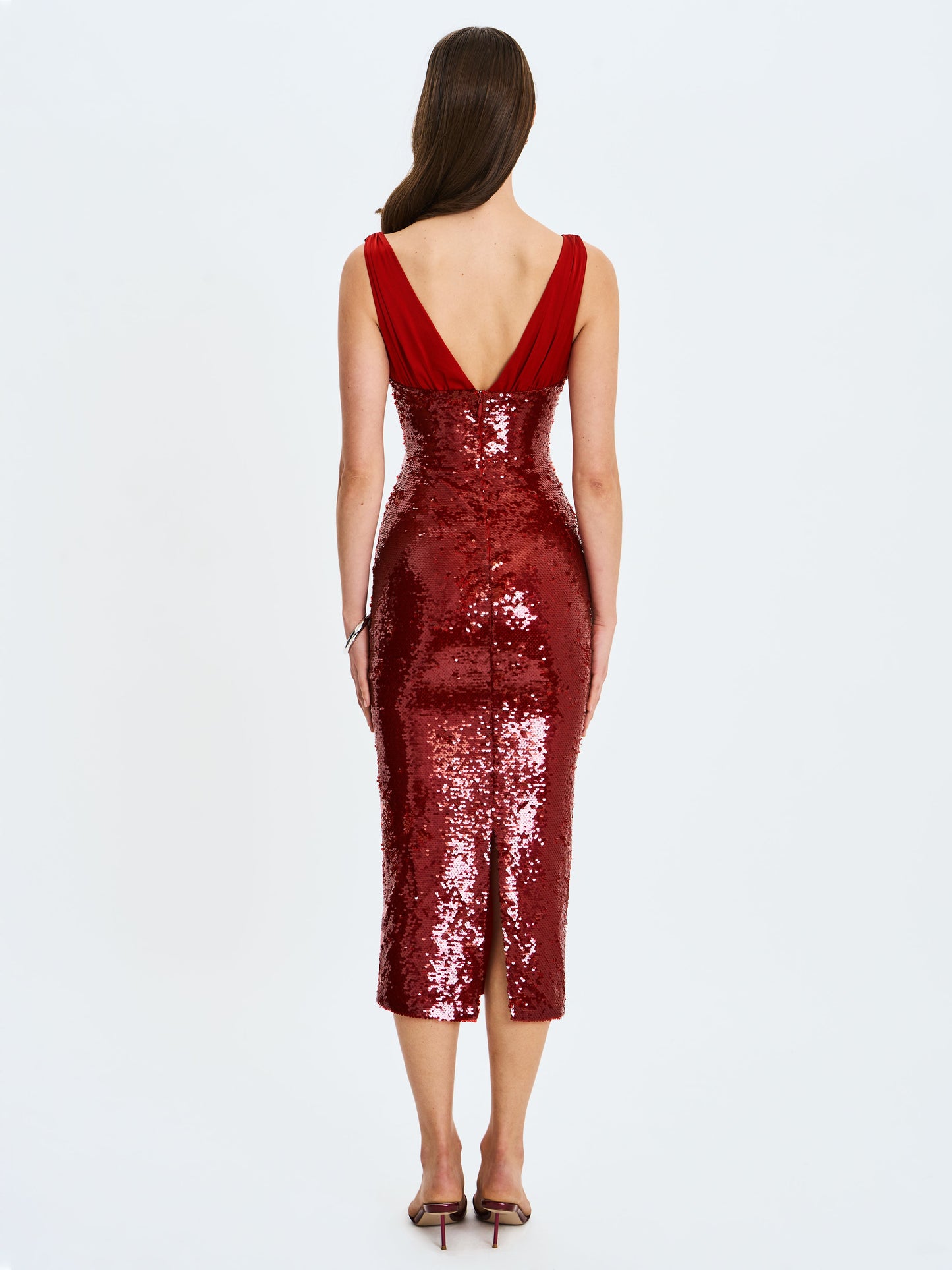 Shanelle Crimson Sequin Plunging Midi Dress