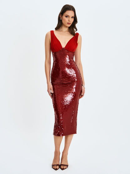 Shanelle Crimson Sequin Plunging Midi Dress
