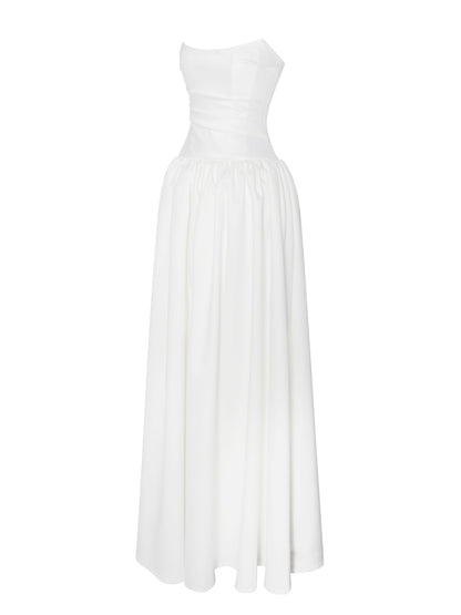 Umay White Drop Waist Satin Corset Bridal Gown