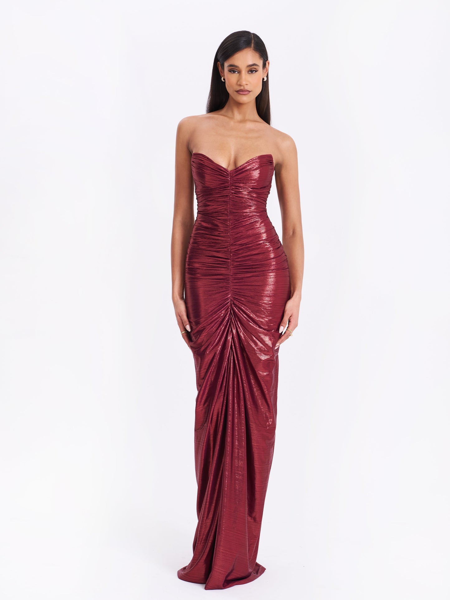 Sable Ruched Burgundy Glitter Mermaid Gown