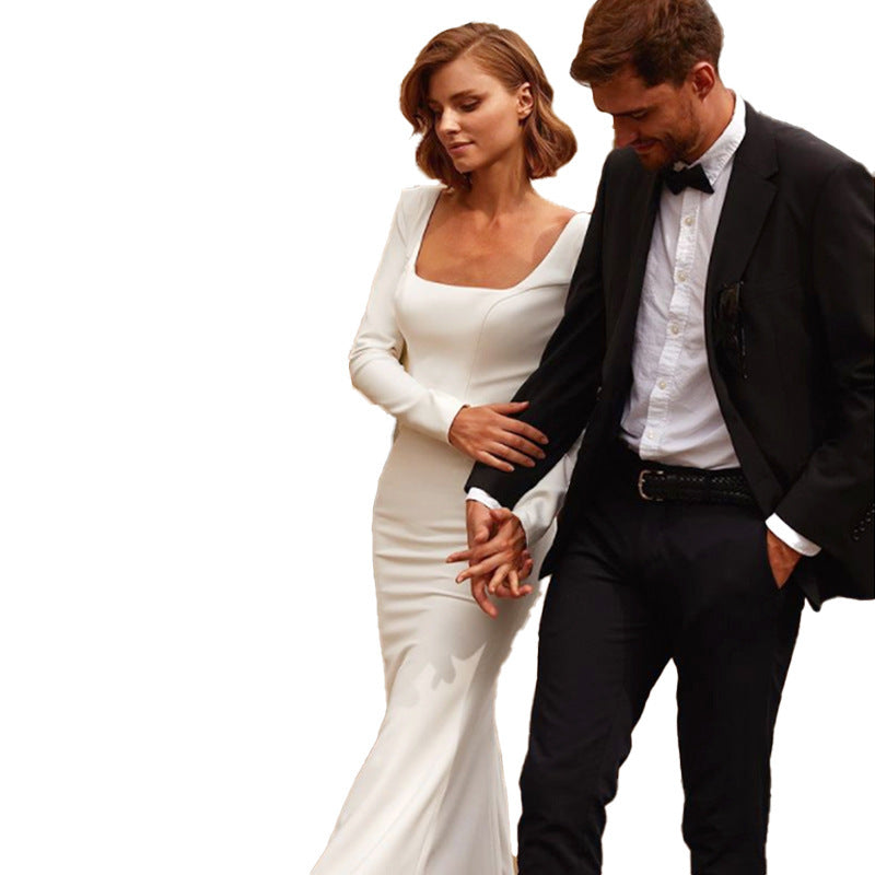 Graceful White Satin Wedding Gown