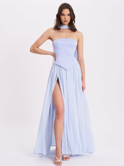 Qianna Baby Blue Peplum Top Drop Waist Chiffon Gown