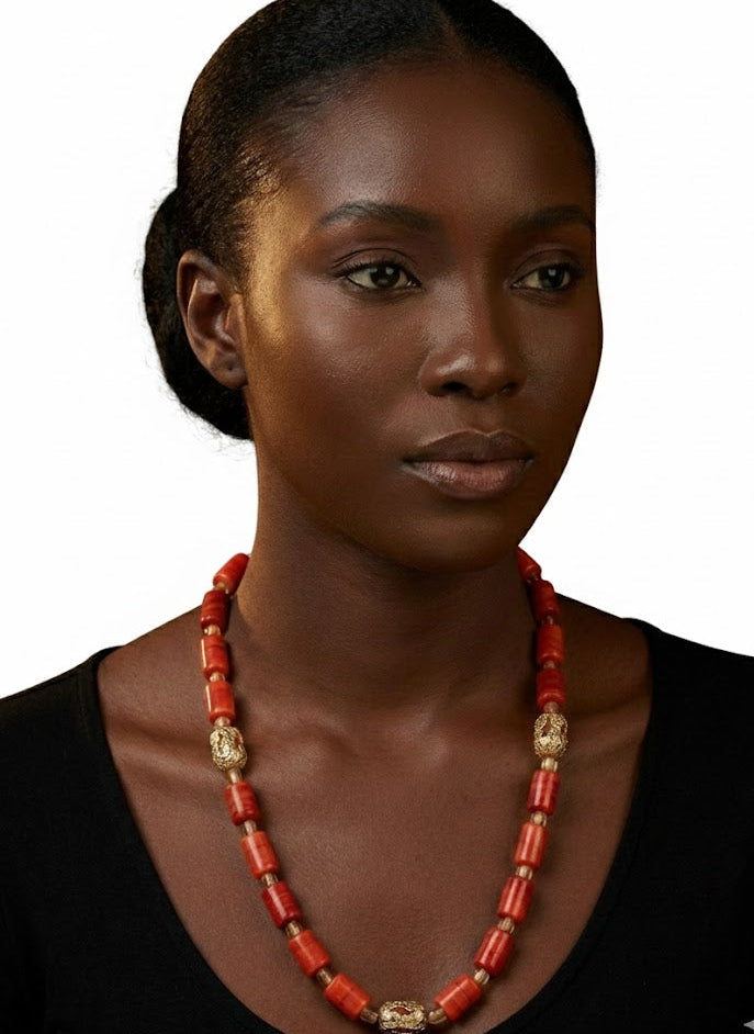 African Ancestral Elegance Coral Necklace – vibrant coral bead jewelry for weddings and cultural celebrations