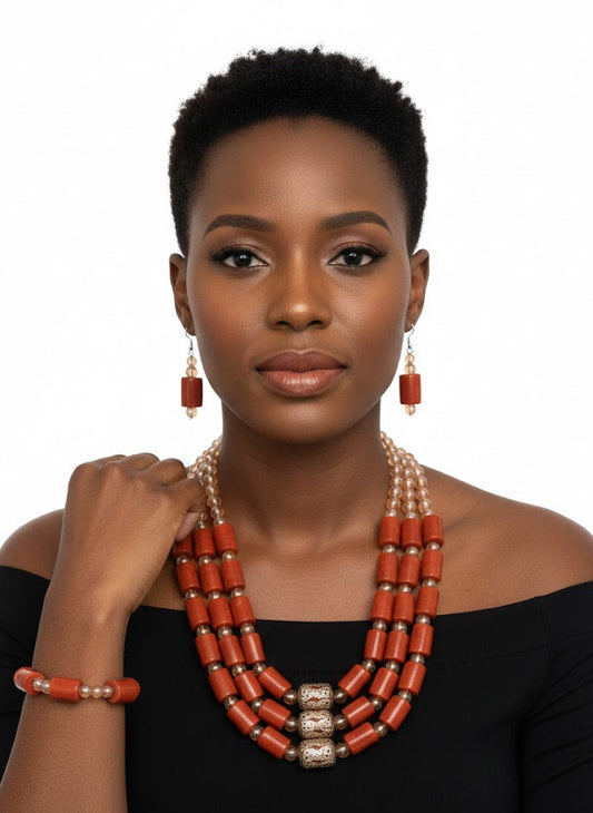 West African Coral Beads Necklace Set – handcrafted coral bead jewelry for weddings and cultural celebrations