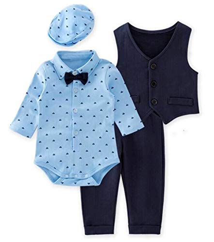 Little Gentlemen - Baby Boys Blue Romper, Pants, Vest and Hat 4-Piece Clothing Set