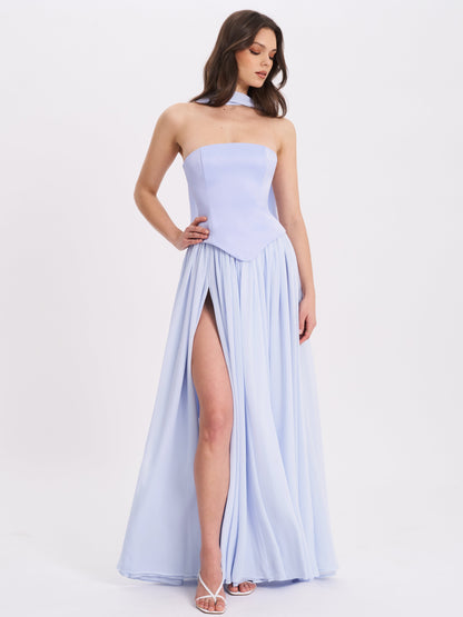 Qianna Baby Blue Peplum Top Drop Waist Chiffon Gown