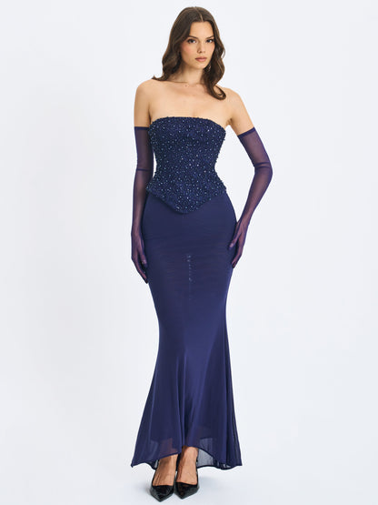 Orabelle Navy Beaded Peplum Mermaid Maxi Gown with Lace-up Back