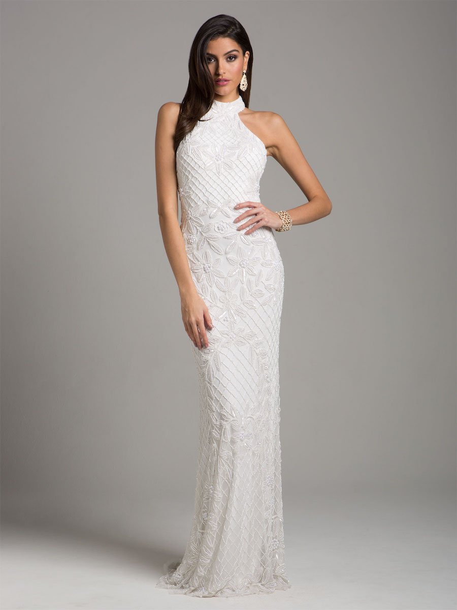 Lattice-Beaded Halter Neck Sheath Wedding Gown